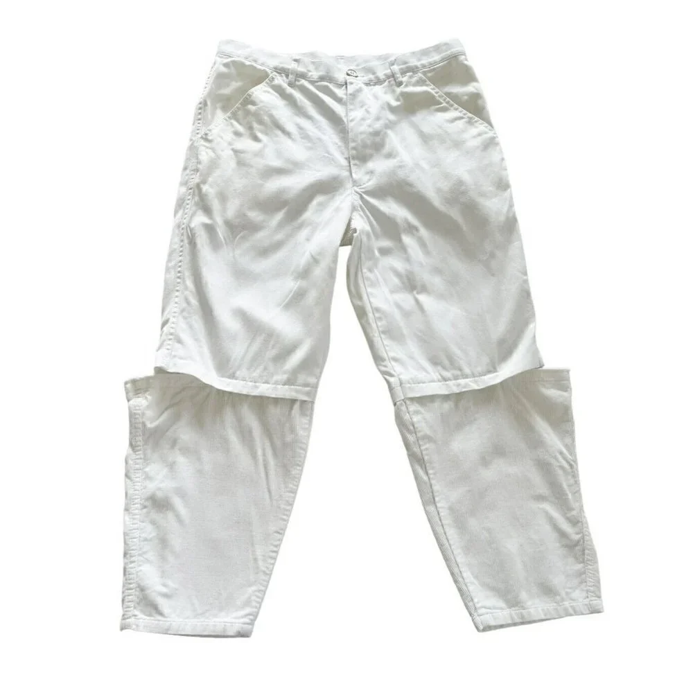 Comme Des Garcons Shirt Men's Sz L White Cotton & Corduroy Pants Torn Knees